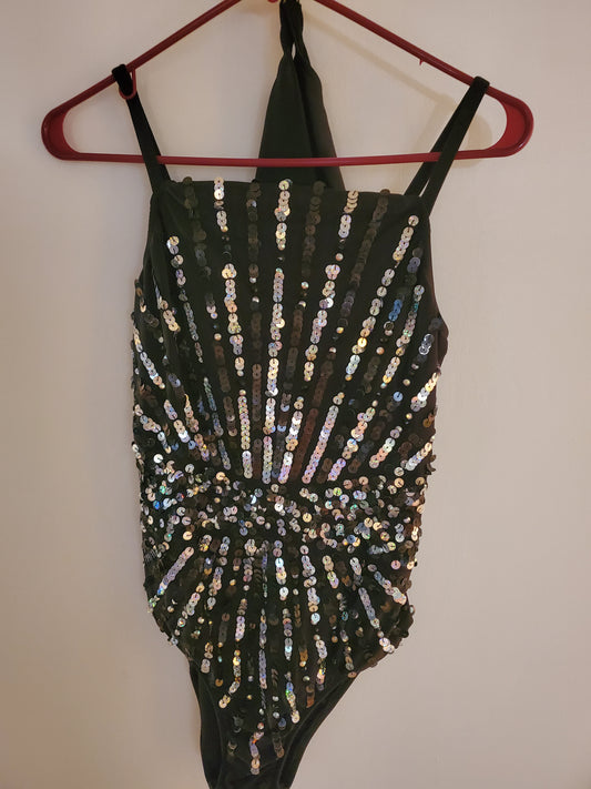 Black/Silver Sequin Jazz/Musical Theater Costume with Black Gloves - Glamour sz MA
