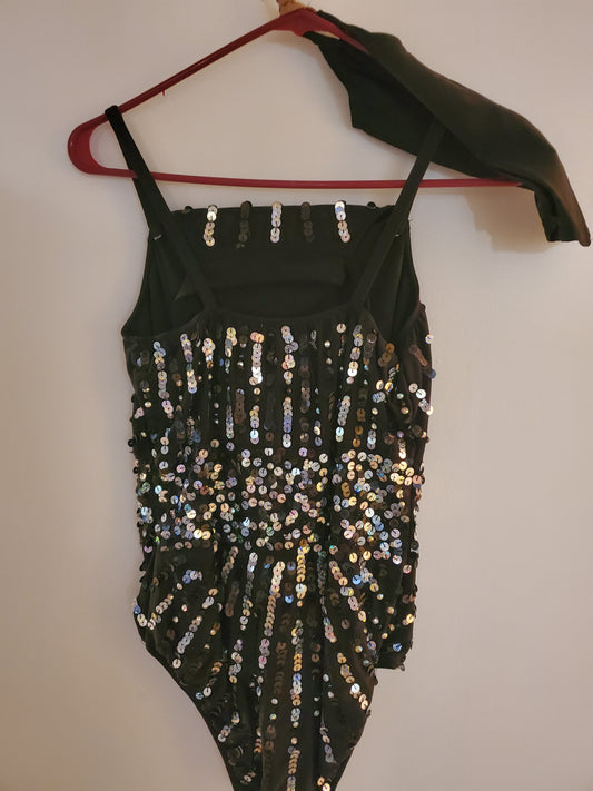 Black/Silver Sequin Jazz/Musical Theater Costume with Black Gloves - Glamour sz MA