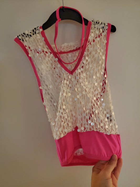 Pink/White Sequin Hooded Costume Top - sz CME