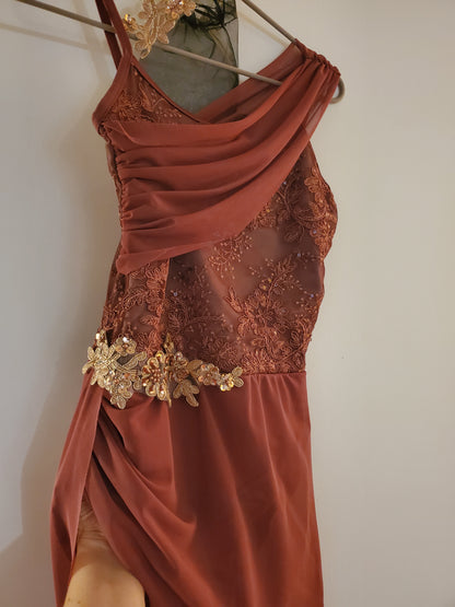 Burgandy/Gold Applique Flowy Lyrical Costume and Hair Piece - Weissman sz XSA