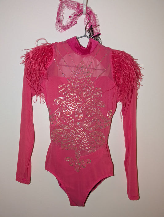 Hot Pink Sparkly w/ Feathers Jazz/Musical Theater Costume and Hair Piece - tenth house sz SA