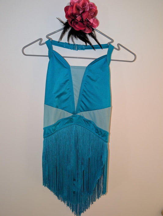 Teal Fringe Jazz/Musical Theater Costume and Rose Hairpiece - Balera sz SA