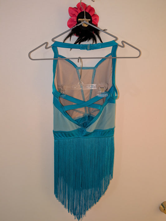 Teal Fringe Jazz/Musical Theater Costume and Rose Hairpiece - Balera sz SA